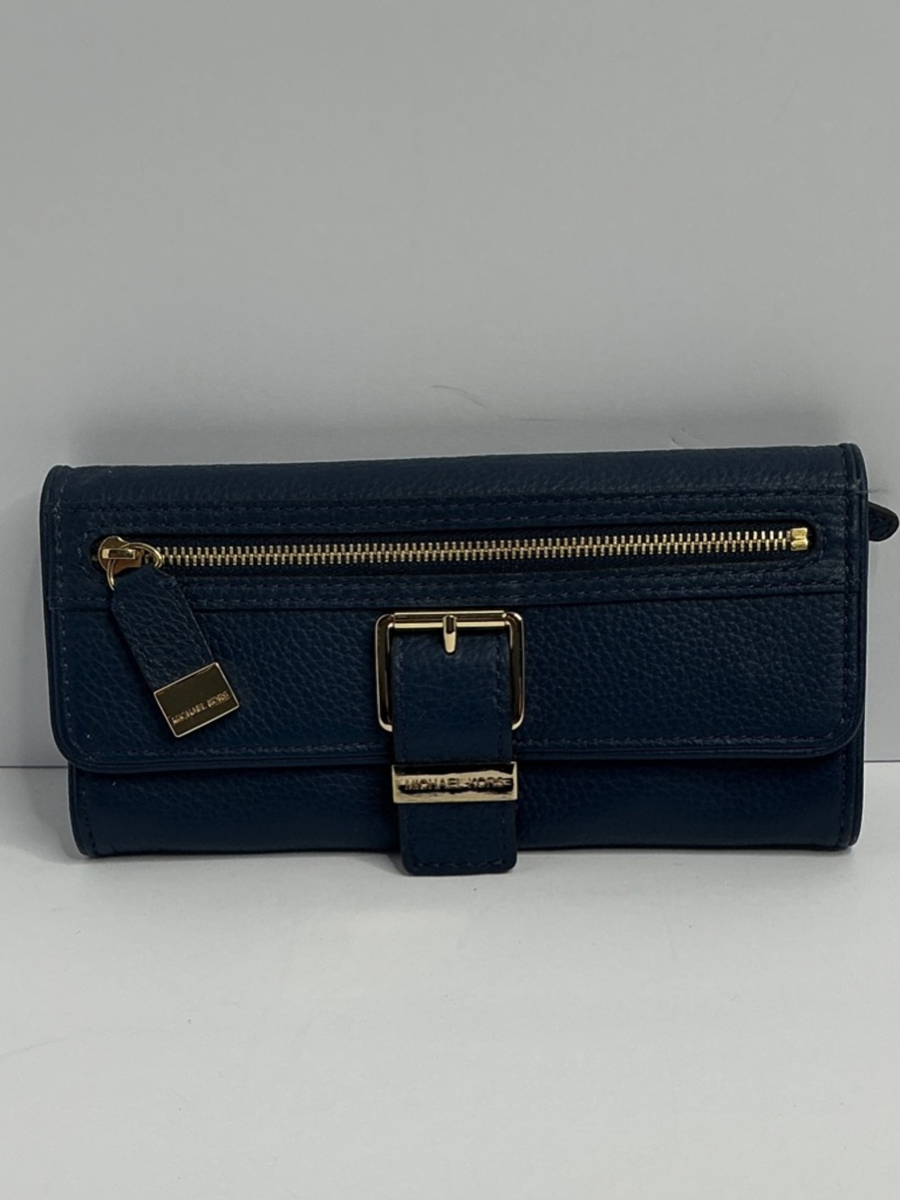 Michael Kors Dark Navy Pebbled Leather Wallet with Gold Hardware